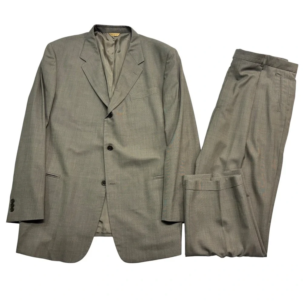 vtg 90s Donna Karan 48L 42x32 Taupe 2pc Pant Suit Italy Made Wool Pleated Cuff